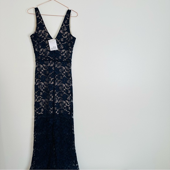 New Belle Badgley Mischka Dress navy Blue Lace Overlay Maxi Evening - Picture 6 of 10